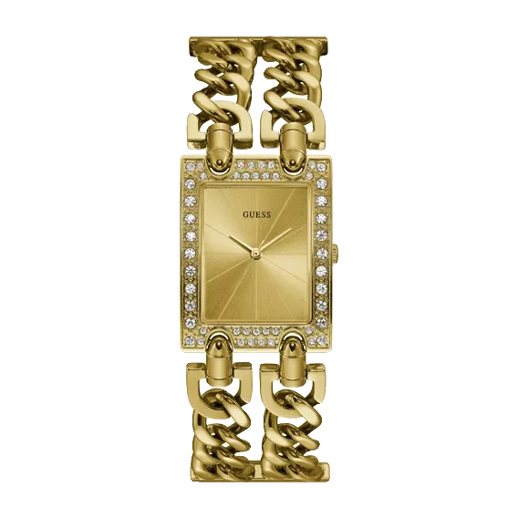 Guess Uhr W1121L2 mit schönem Stahlband in Gold und Zirkoniasteinen verziert